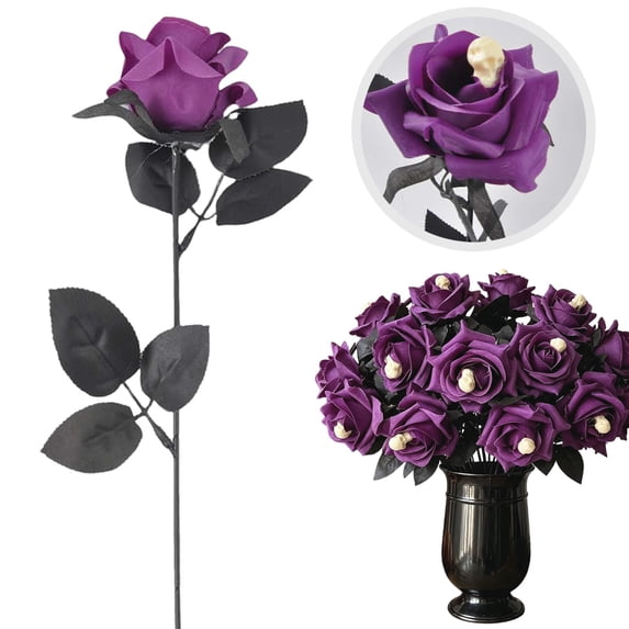 Halloween Artificial Flowers with Skull, Faux Rose Stems with Black Leaves, Fake Halloween Bouquet, Holiday Tabletop Mantel Decor Stems, Gothic Artificial Rose for Vase Arrangements Table Decor