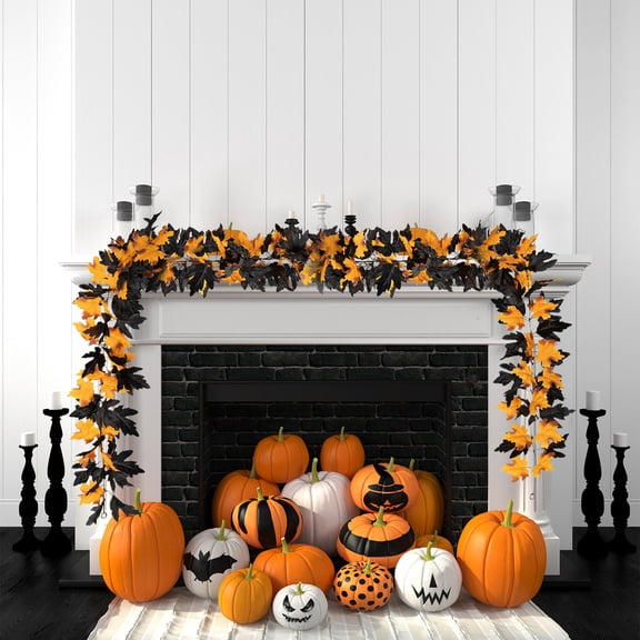 Halloween Artificial Leaf Garland for Mantel or Door Decor, Rattan Maple Vine Hanging, Polyester Material, Size 175cm, Orange Yellow Color, Party or Christmas Use