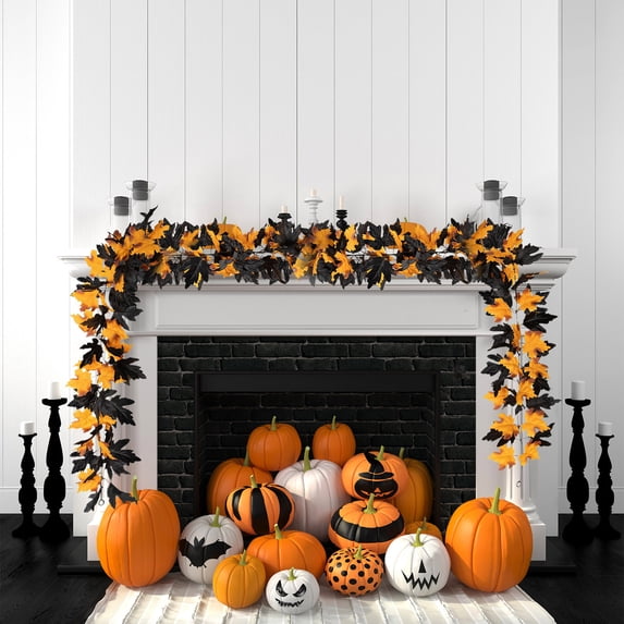 Halloween Artificial Leaf Garland for Mantel or Door Decor, Rattan Maple Vine Hanging, Polyester Material, Size 175cm, Orange Yellow Color, Party or Christmas Use