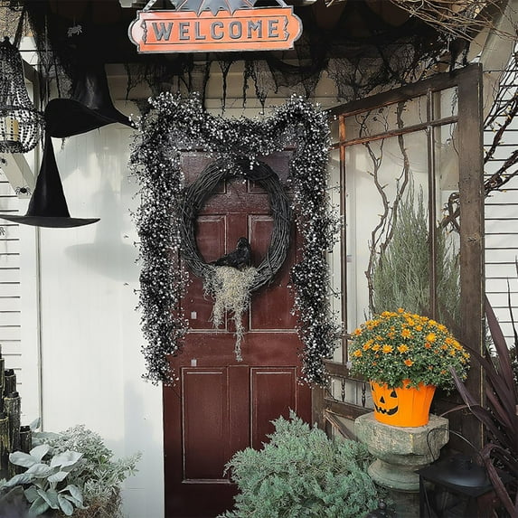 Halloween Artificial Leaf Garlands Rattan,Realistic Leaves Mimicking Natural Foliage Garlands for Home Porches, Front Doors, Outdoor Areas, Thanksgiving, Halloween Decor 66.9Inch Black