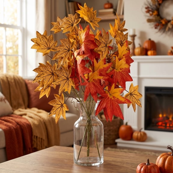 Halloween Artificial Maple Leaf Branches Fake Fall Flowers Stems Outdoor Yard Decor Pumpkin Skull Ornament DIY Wreath Vase Decoration Party Scene Supplies Holiday Display Accessory