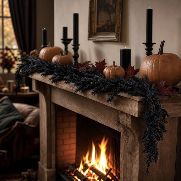 Halloween Artificial Pine Needle Garland Decorations, Black Leaf Garland Gothic Decor, Halloween Thanksgiving Home Decor for Fireplace Mantel Table Wedding Party