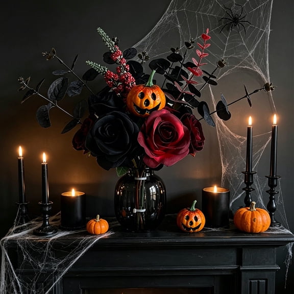 Halloween Artificial Pumpkin Branches with Flowers Leaves, Faux Fall Stem for Vase Mantel Scary House Table Decor