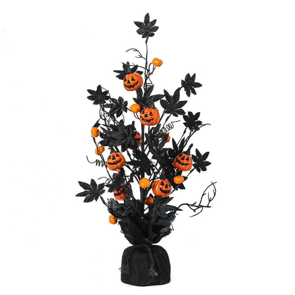 Halloween Artificial Pumpkin Maple Tree Decoration with Black Leaves and Jack O Lantern Ornaments, Spooky Tabletop Floral Arrangement for Indoor Party Home Decor