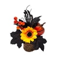 thumbnail image 1 of Halloween Artificial Pumpkin Tabletop Ornamnet, Woven Pot Arrangement with Black Maple Leaves Sunflowers and Berries for Spooky Fall Centerpiece Display, Festive Home Accent, 1 of 7