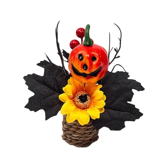 Halloween Artificial Pumpkin Tabletop Ornamnet, Woven Pot Arrangement with Black Maple Leaves Sunflowers and Berries for Spooky Fall Centerpiece Display, Festive Home Accent