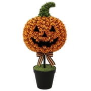 Halloween Artificial Pumpkin Topiary Tree, 23.6-inch Jack-O-Lantern Potted Boxwood Topiary Tree with Bow, Halloween Autumn Thanksgiving, Garden, Pathway, Porch Decor