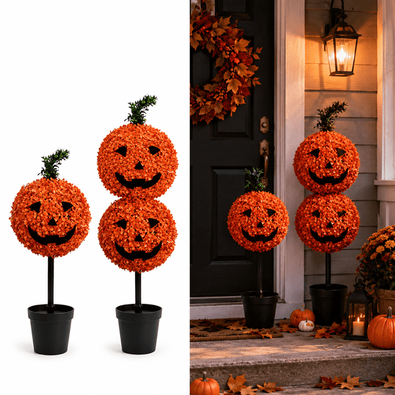 Halloween Artificial Pumpkin Topiary Tree, Faux Pumpkin Plant with Jack-O-Lantern Face, Fall Thanksgiving Decor for Front Porch Patio Garden, Pre-Potted Outdoor Indoor Seasonal Decoration, 26 Inch