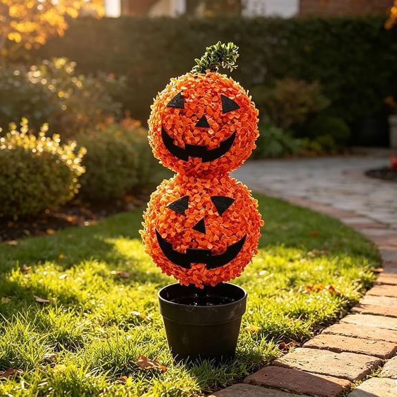 Halloween Artificial Pumpkin Topiary Tree, Jack-O-Lantern Artificial Potted Boxwood Plant for Faux Autumn Thanksgiving Front Door Yard and Halloween Home Decoration