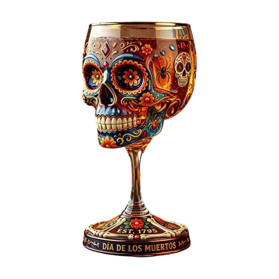 Day of the Dead Skull Stemmed Wine Glass,Halloween Skull Decoration with Floral Patterns,Colorful Sugar Skull Goblet for Whiskey Cocktail Bar Home Dining Fiesta Party Table Decor