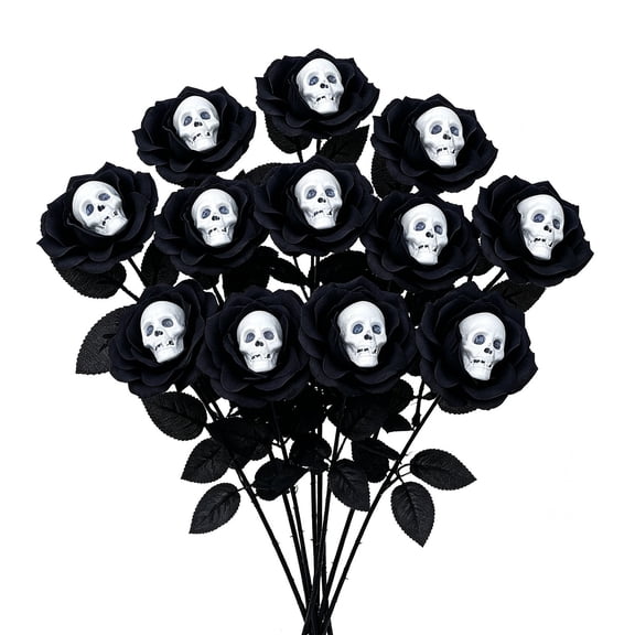 Halloween Artificial Skull Roses 10 Pcs 13.78 Inch Black Red Faux Flower Stems for Fall Vase Decor and Halloween Party Table Centerpiece
