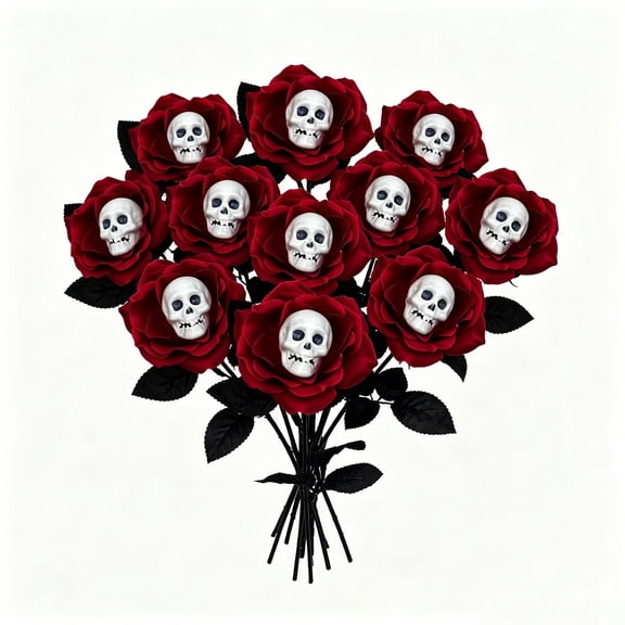 Halloween Artificial Skull Roses 10 Pcs 13.78 Inch Black Red Faux Flower Stems for Fall Vase Decor and Halloween Party Table Centerpiece