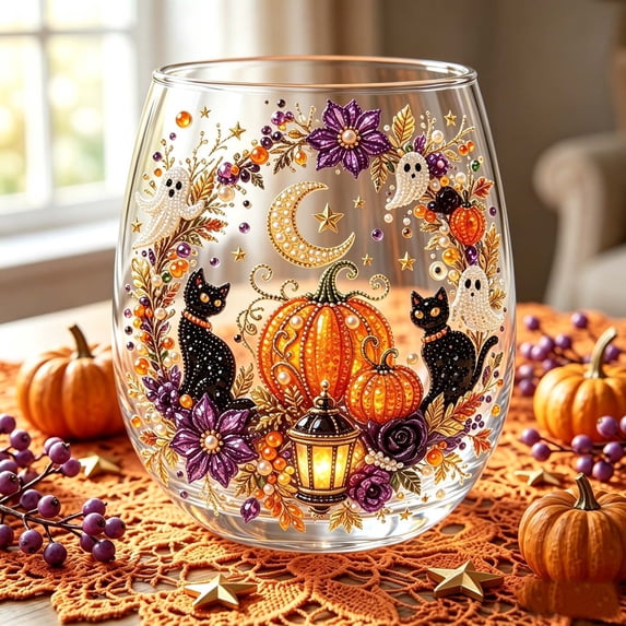 Halloween Artisan Glassware Collection,420ml Clear 2D Stemless Glass Cups,Ghost Pumpkin Witch Design,Spooky Fall Party Drinking Cup for Cocktails Holiday Decor