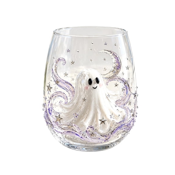 Halloween Artisan Glassware Collection,Glass Cup with Pumpkin Ghost Spider Web Motifs,Enchanted Home Bar Decor for Holiday Indoor Party