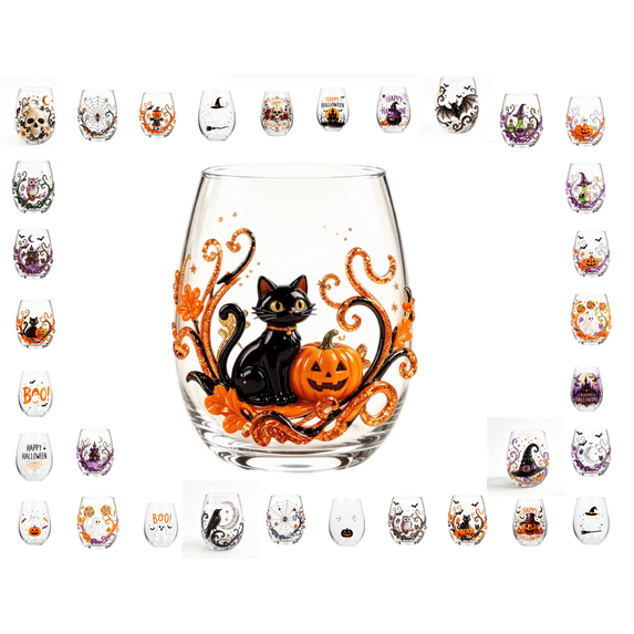 Halloween Artisan Glassware Collection, Handcrafted Mixed 2D Flat & 3D Relief Halloween Glass Cup, Witch Ghost Pumpkin Black Cat Textured Design, Multipurpose Clear Glass (K)