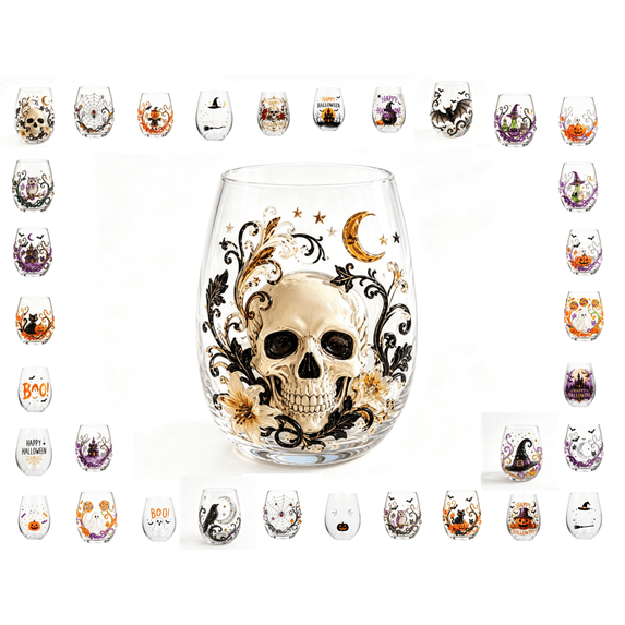 Halloween Artisan Glassware Collection, Multipurpose Clear Stemless Drinking Glass with Dual 2D Graphic & 3D Raised Halloween Motif, Spooky Pumpkin Black Cat Style, Party Table Decor (S)