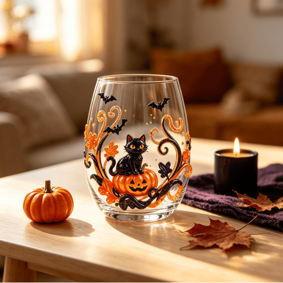 Halloween Artisan Glassware Collection, Witchy Gothic Goblet Set, Enchanted Home Bar Decor, Spooky Candlelit Party Glass, Luminous Fall Sips Gift (Black Cat)