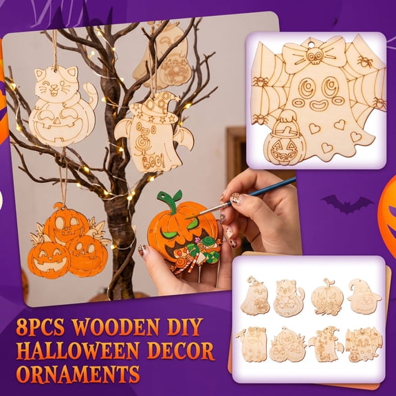 Halloween Arts and Crafts for Student with 8 Unfinished Wooden Shapes, 8-Pack, Wood, for Diy Painting, Decoration