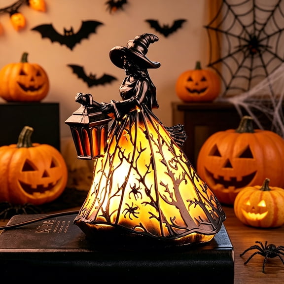 Halloween Atmosphere Lamp, Rvkxad Gothic Spooky Witch Desktop Lamp with Mini Lantern, USB Powered Resin Light for Halloween Decorations or Gifts