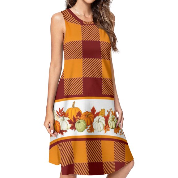 Halloween Autumn Fall Leaves Pumpkin Spring Summer Dresses for Women Fashion T-shirt Dress Casual Sleeveless Loose Sundress with Pockets