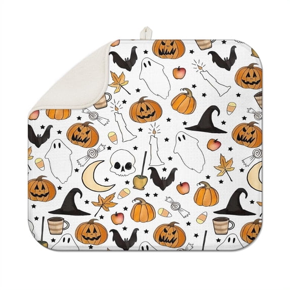 Halloween Autumn Halloween Elements Dish Drying Mat for Kitchen 1 Pack, Ultra Absorbent Microfiber Dishes Drainer Mats,16x18in(41x46cm)