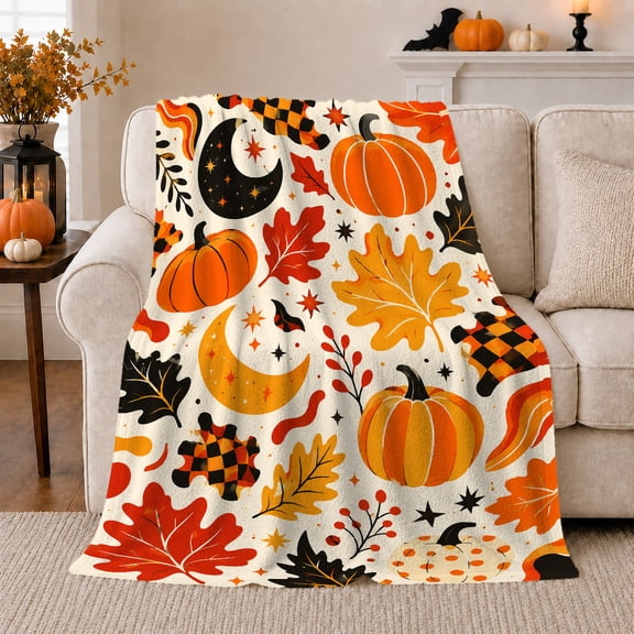 Halloween Autumn Leaves Pattern Cream Cheerful, Festive Halloween Scene, Warm Flannel Blanket for Living Room and Family Room, Art Lovers Halloween Gift, Festive Home Decor