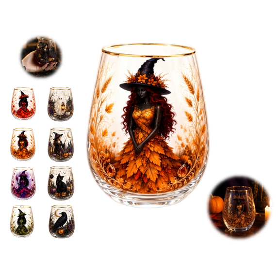 Halloween Autumn Witch Drinkware 4.2*2.7 Inch, Witchcore Glass, Spooky Season Drinkware, Halloween Gift,Orange Autumn Witch Themed Clear Tumbler Cup, Transparent Gothic Drinkware for Fall Decor