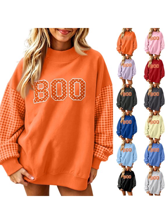 Halloween BOO Letter Color Block Sweatshirt For Women Gingham Plaid Sleeve Crew Neck Long Sleeve Loose Fall Top 2XL
