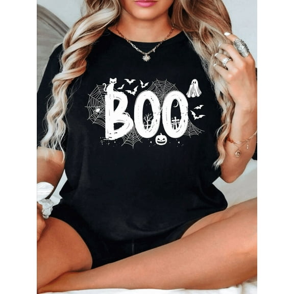 Halloween BOO Letter Graphic T-Shirt – Cute Ghost and Bat Print Tee for Women