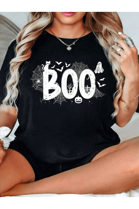 Halloween BOO Letter Graphic T-Shirt – Cute Ghost and Bat Print Tee for Women