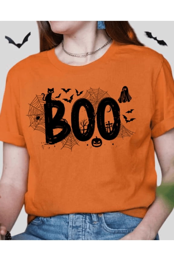 Halloween BOO Letter Graphic T-Shirt – Cute Ghost and Bat Print Tee for Women