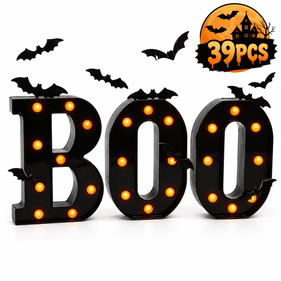 Halloween BOO Light Up Letters, Battery Operated LED Marquee Sign for Indoor Halloween Tabletop Decor, Mantel, Shelf and Party Orange