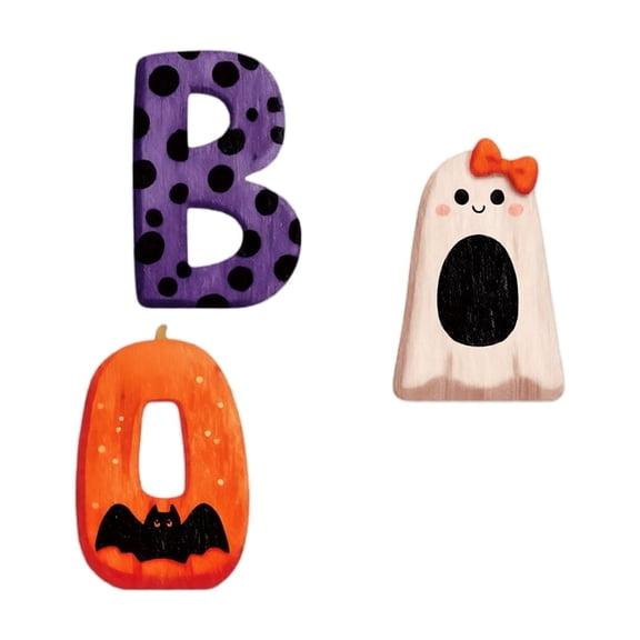 Halloween BOO Wooden Table Decor Set 3 Piece Letter Block Display with Ghost Pumpkin Bat Design for Shelf Tiered Tray