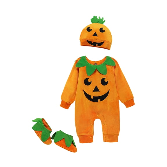 Halloween Baby Boys Girls Pumpkin Face Romper Long Sleeve Romper Cap and Slipper Socks