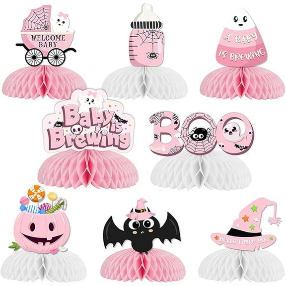 Halloween A Baby is Brewing Decorations - 8 Pack Honeycomb Centerpieces, Pink Halloween Baby Shower Decorations for Girl, Halloween Pregnancy Celebration Gender Reveal Table Decor