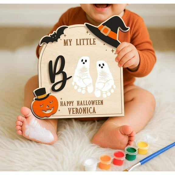 Halloween Baby Footprint Handprint Frame Kit, My Little Boo Ghost Sign, Baby’s First Halloween Wooden Craft, Keepsake Gift and Holiday Decor