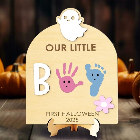 Halloween Baby Footprint & Handprint Sign, Wooden Keepsake with Stand, DIY Memory Board Fall Gift