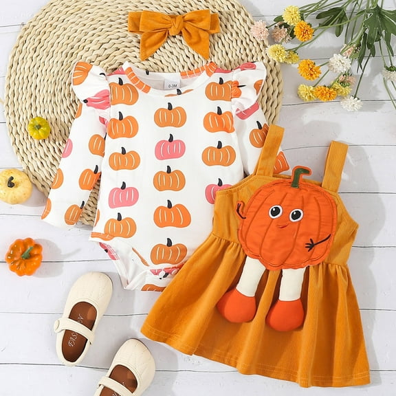 Halloween Baby Girl Outfit Long Sleeve Pumpkin Romper Thanksgiving Baby Girl Outfit with Headband