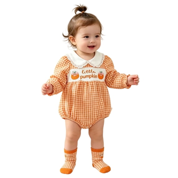 Halloween Baby Girl Outfits Pumpkin Bubble Romper Thanksgiving Smocked Clothes Checkered Bodysuit