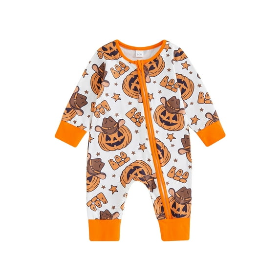 Halloween Baby Girls Boys Outfits Pumpkin Ghost Long Sleeve Romper One Piece Zipper Jumpsuit Holiday Western Clothes