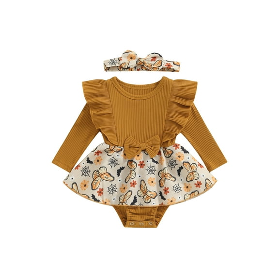 Halloween Baby Girls Clothes Pumpkin Romper Dress Long Sleeve Ruffled Ribbed Jumpsuit with Headband Fall Winter Outfits