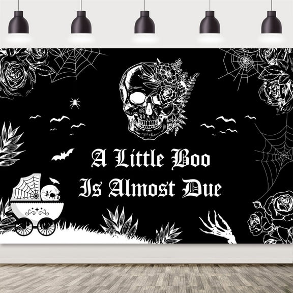 Halloween Baby Shower Backdrop A Little Boo is Almost Due Black Skull Bat Rose Boys Kids Hey Boo 1st Birthday Party Photography Background First Birthday Party Banner Decor