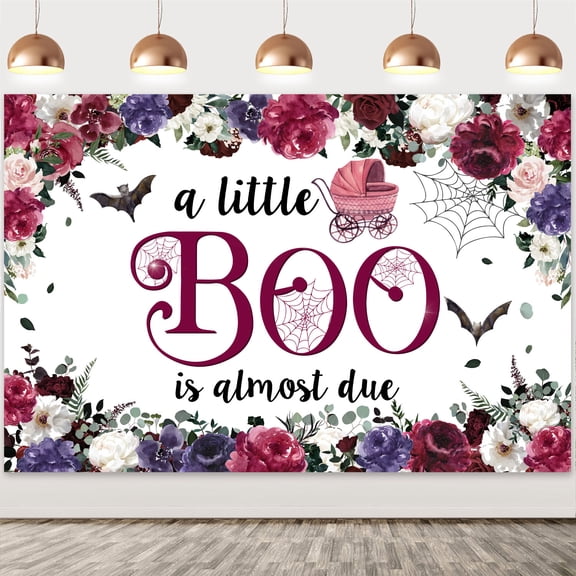 Halloween Baby Shower Backdrop A Little Boo is Almost Due Retro Floral Girl Kids Hey Boo 1st Birthday Party Photography Background First Birthday Party Banner Decor