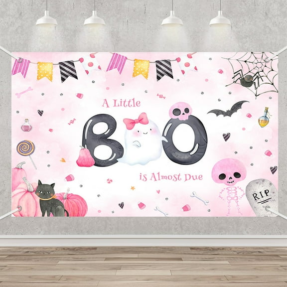 Halloween Baby Shower Banner A Little Boo is Almost Due Background Decorations Pink Cute Ghost Halloween Boo Newborn Baby Party Photo Booth Props 5.9x3.6ft