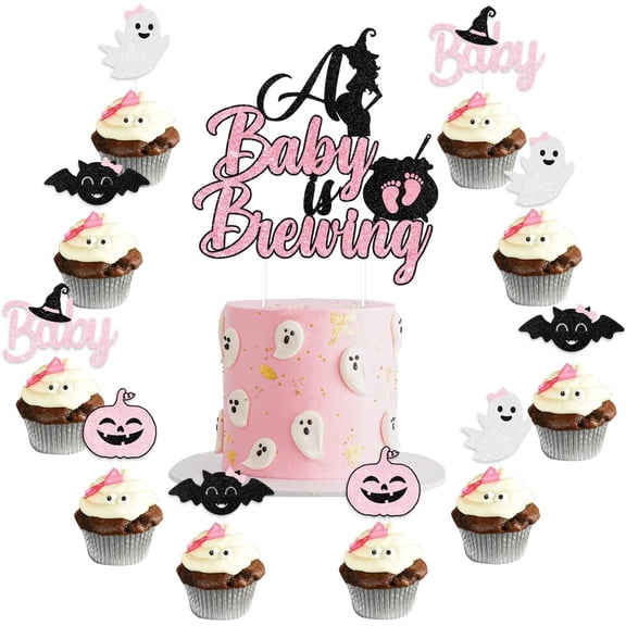 Halloween Baby Shower Cake Decorations - A Baby is Brewing Cake Topper and Pumpkin, Ghost, Baby, Bat Cupcake Toppers, Halloween Themed Gender Reveal Pregnancy Celebration Party Supplies, Total 13 Pcs