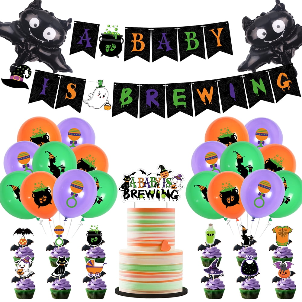 Halloween Baby Shower Decorations A Baby Is Brewing Baby Shower Decorations Banner Balloons Cake Cupcake Toppers for Halloween Gender Reveal Party Decor Halloween Witches Ghosts Party Supplies