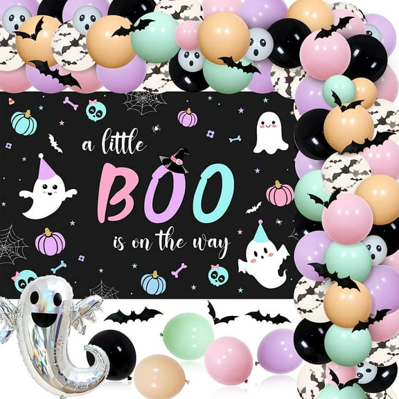 Halloween Baby Shower Decorations for Girl - A Little Boo is on the Way Backdrop, Pastel Balloon Garland Arch Kit with Bat Wall Stickers, Ghost Foil Balloons for Halloween Pregnancy Announcement