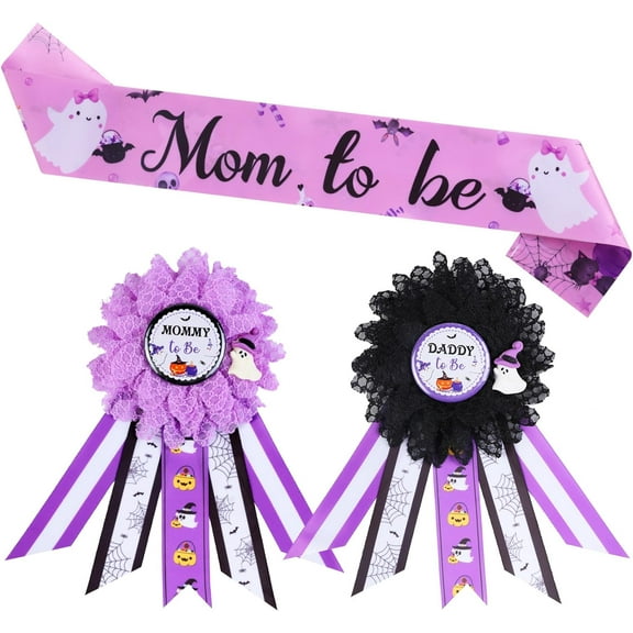 Halloween Baby Shower Decorations - Mom to Be Dad to Be Corsage Pins, Mom to Be Sash for Halloween Baby Shower Party Favors, Spooky Theme Party Supplies