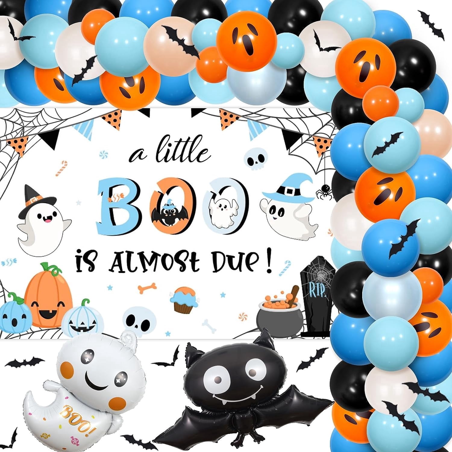 Halloween Baby Shower Decorations Orange Blue - A Little Boo Is Almost Due Backdrop, Halloween Balloon Garland Arch Kit with Ghost Balloon, 3D Bat Stickers for Pregnancy Celebration Gender Reveal
