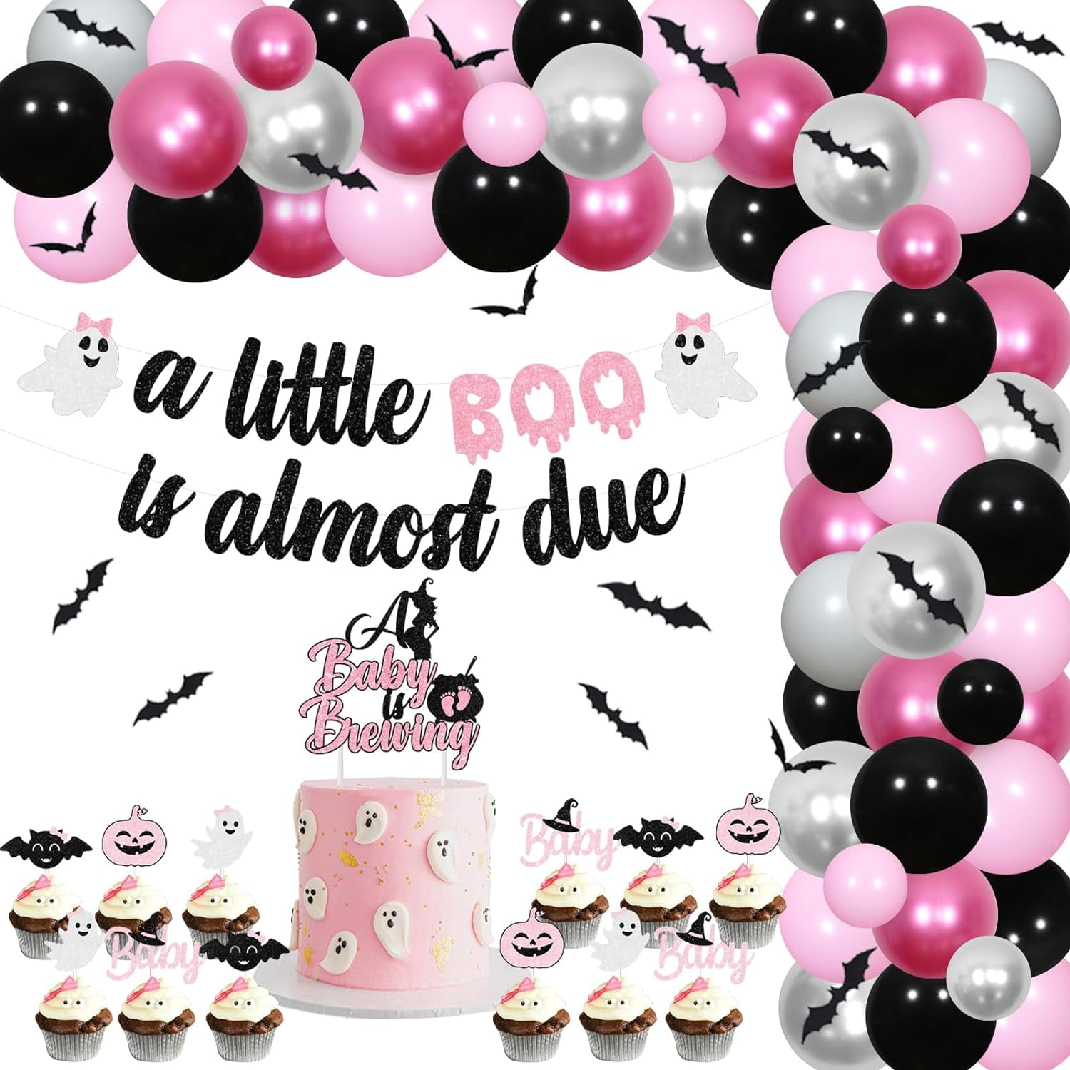 Halloween Baby Shower Decorations Pink Black Silver - Halloween Balloon Garland Arch Kit with A Little Boo Is Almost Due Banner, A Baby Is Brewing Cake Topper, 3D Bat Stickers, Ghost Foil Balloon